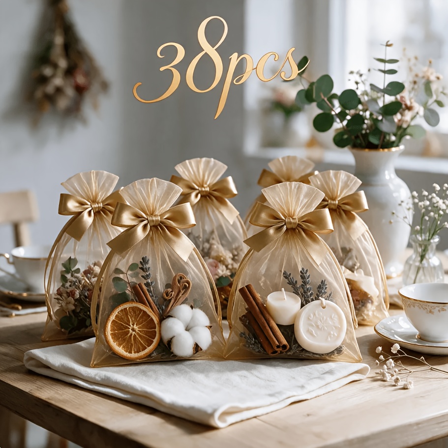 TEMU Juego de 38 bolsas de organza con cordón y decoración de dorado, bolsas de malla con cordón, para regalos, dulces, recuerdos de boda, pequeños