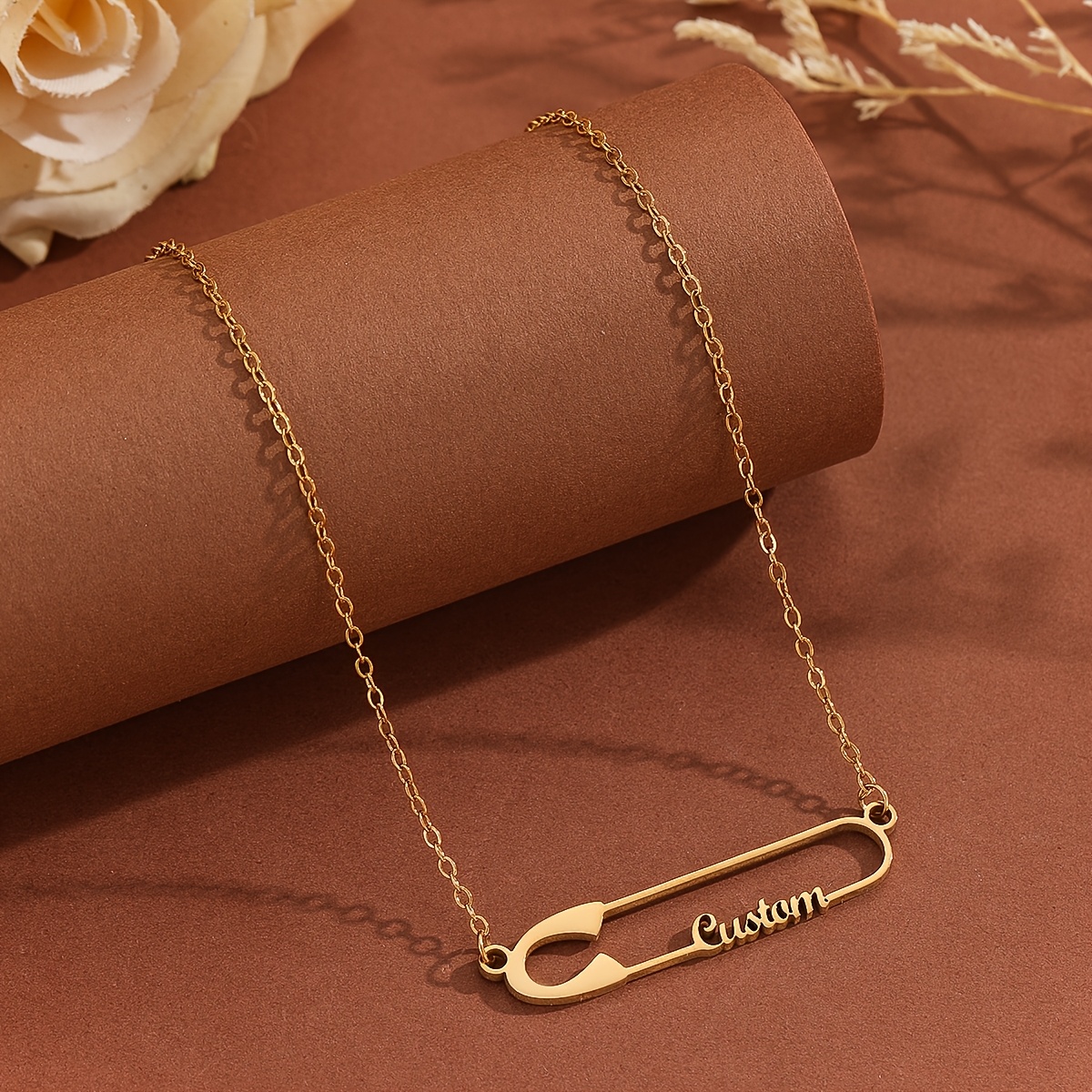TEMU Custom Name Paper Clip Safety Pin Pendant Elegant Necklace Men Women Personalized Golden Silvery Color Stainless Steel Jewelry Gift