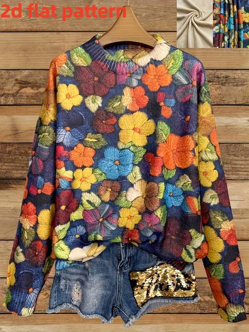 2d flat pattern autumn winter to spring autumn fashion new stylish versatile pullover long sleeve womens top with floral pattern trendy womens thin sweater