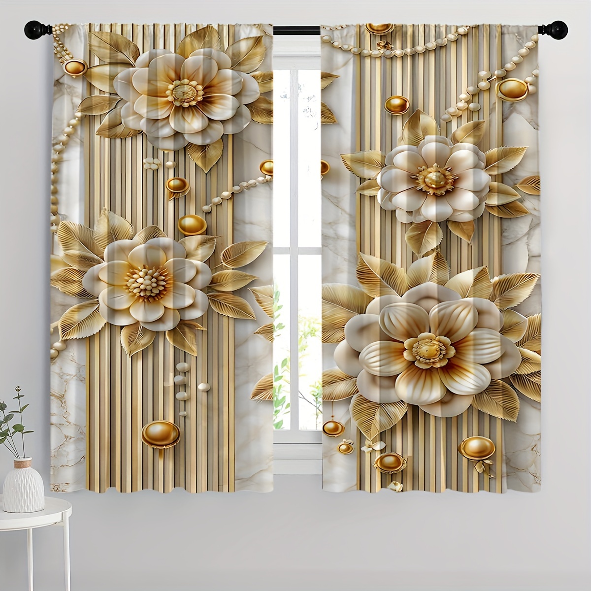 

2pcs Victorian Pearl & White Golden Floral Print Curtains - Rod , Light Filtering Polyester For Bedroom, Bathroom, Living Room, Office Decor