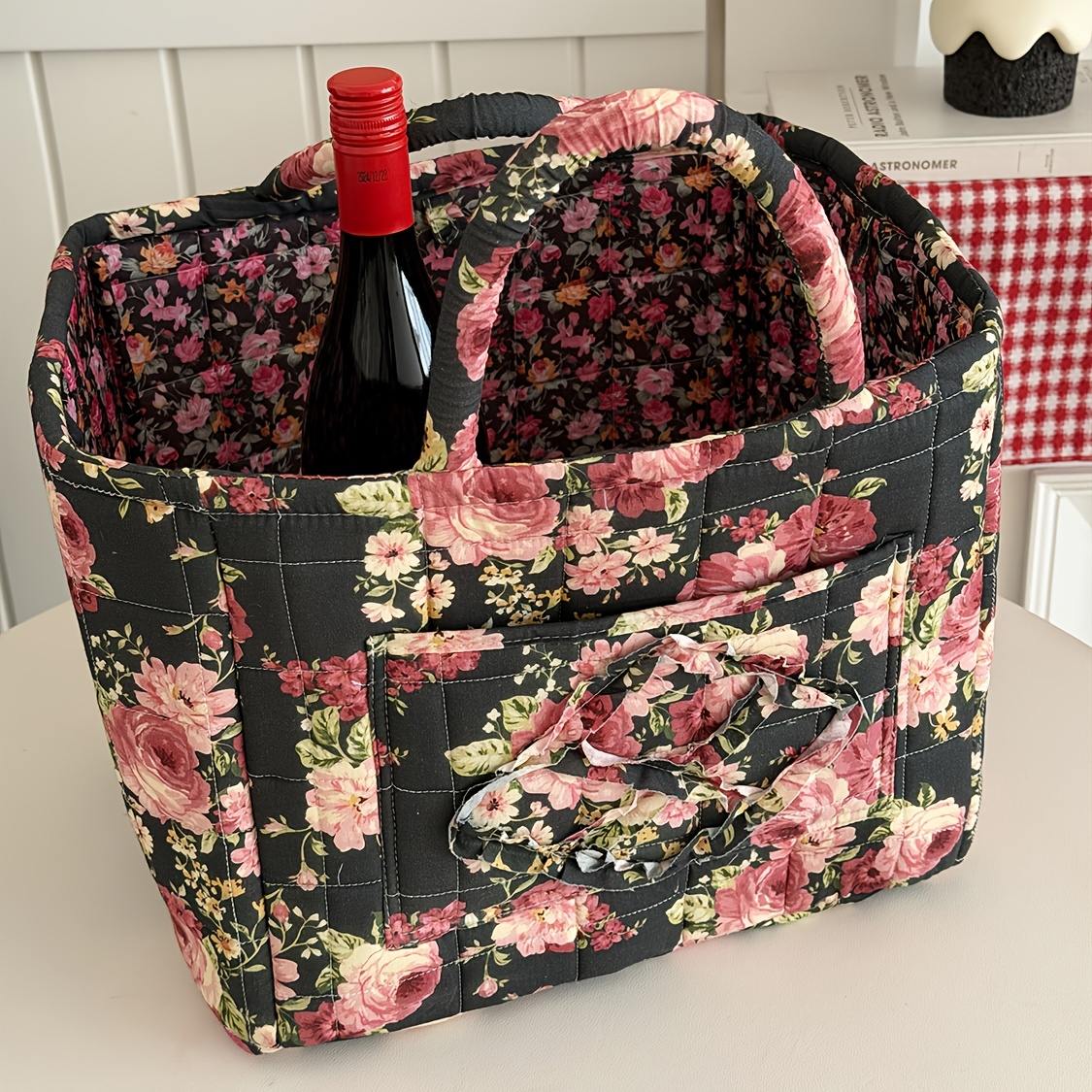 TEMU Große Blumenserie [Aufbewahrungskorb] Retro Gesteppter Blumenmuster Tragbarer Großraum Aufbewahrungskorb Geeignet für Mehrfachszene-Nutzung,