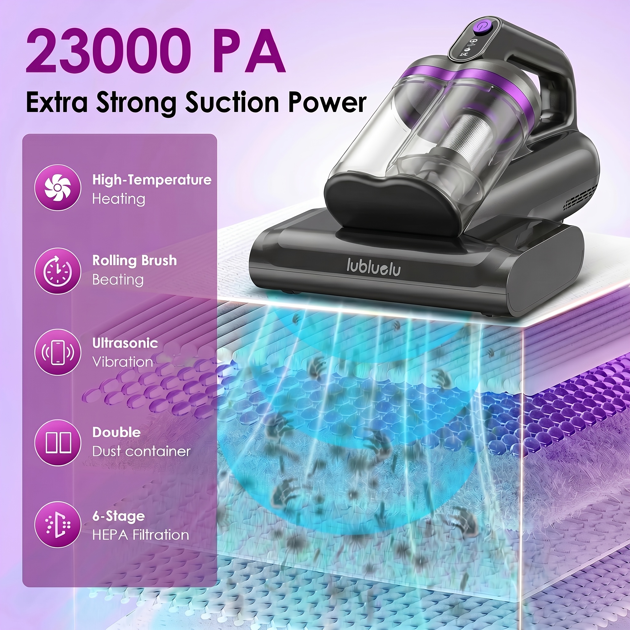 TEMU Aspirateur de lit et matelas Lubluelu 23Kpa, aspirateur d'appoint, filtre HEPA, grand bac à poussière, filtration multi-étapes, système de