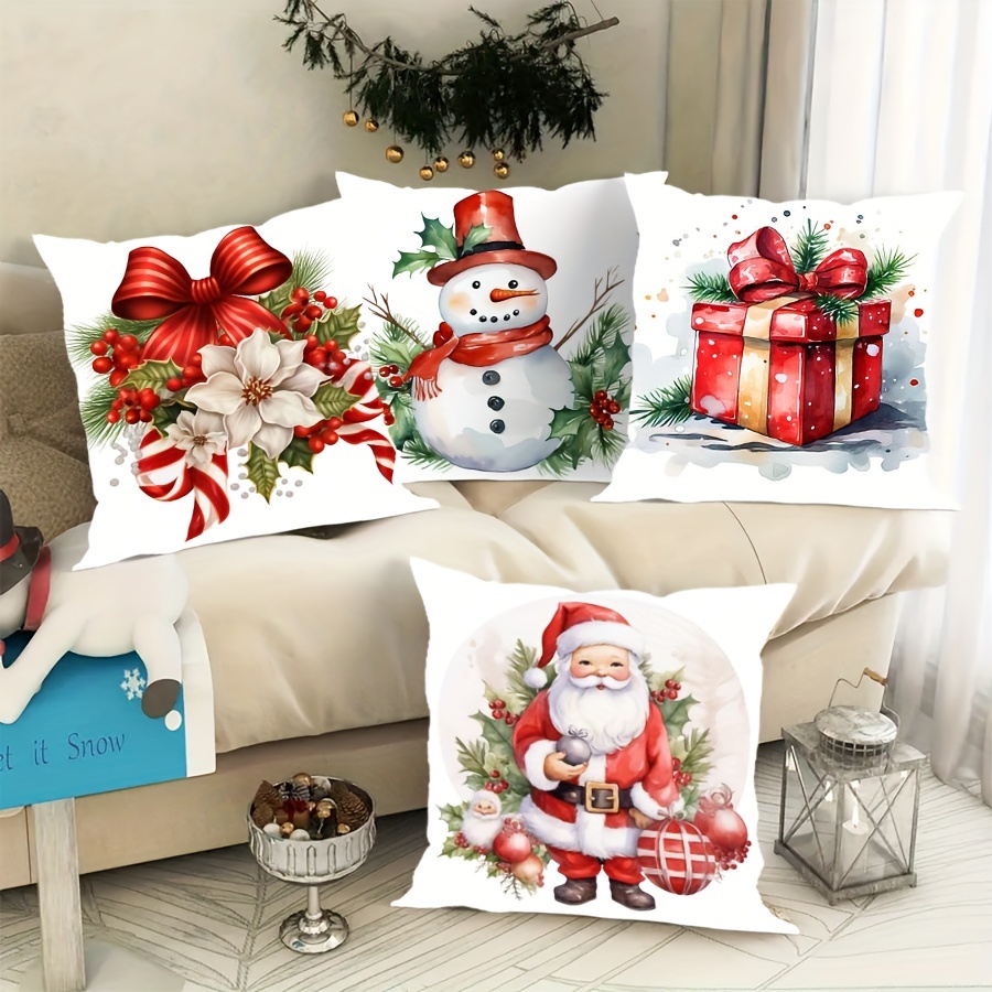 

4pcs Contemporary Christmas Throw Cushion Covers, Festive Santa & Snowman Velvet Print, Zipper Closure, Machine Washable Polyester Decorative Cases For Home, Office, And Holiday Decor - 18x18 Inches