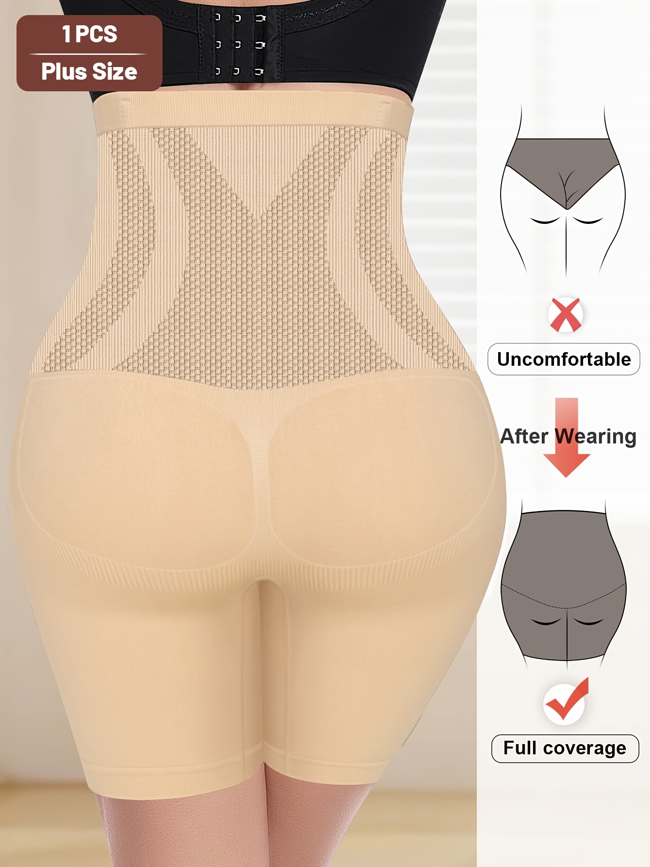 1pc Plus Size Elegant Underwear, Women'S High Waist Tummy Control Seamless Shapewear Box Briefs