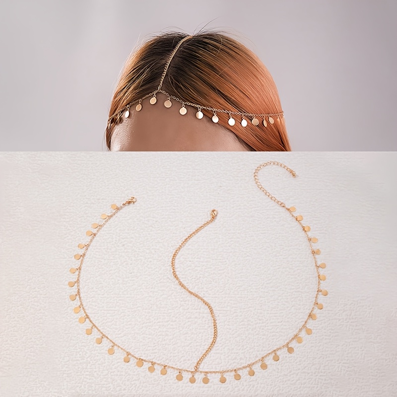 1pc Simple And Elegant Metal Round Disc Pendant Head Chain With Thin Links And Circular Tassel Hair Accessory, Suitable For Women's Parties And Banquets, A Perfect Gift For , Suitable For
