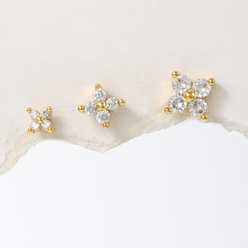 TEMU 3pcs Set Of Elegant And Stylish Clover Star Light Flower Copper-inlaid Sparkling Synthetic Zirconia Stud Earrings, Fashionable For Women,