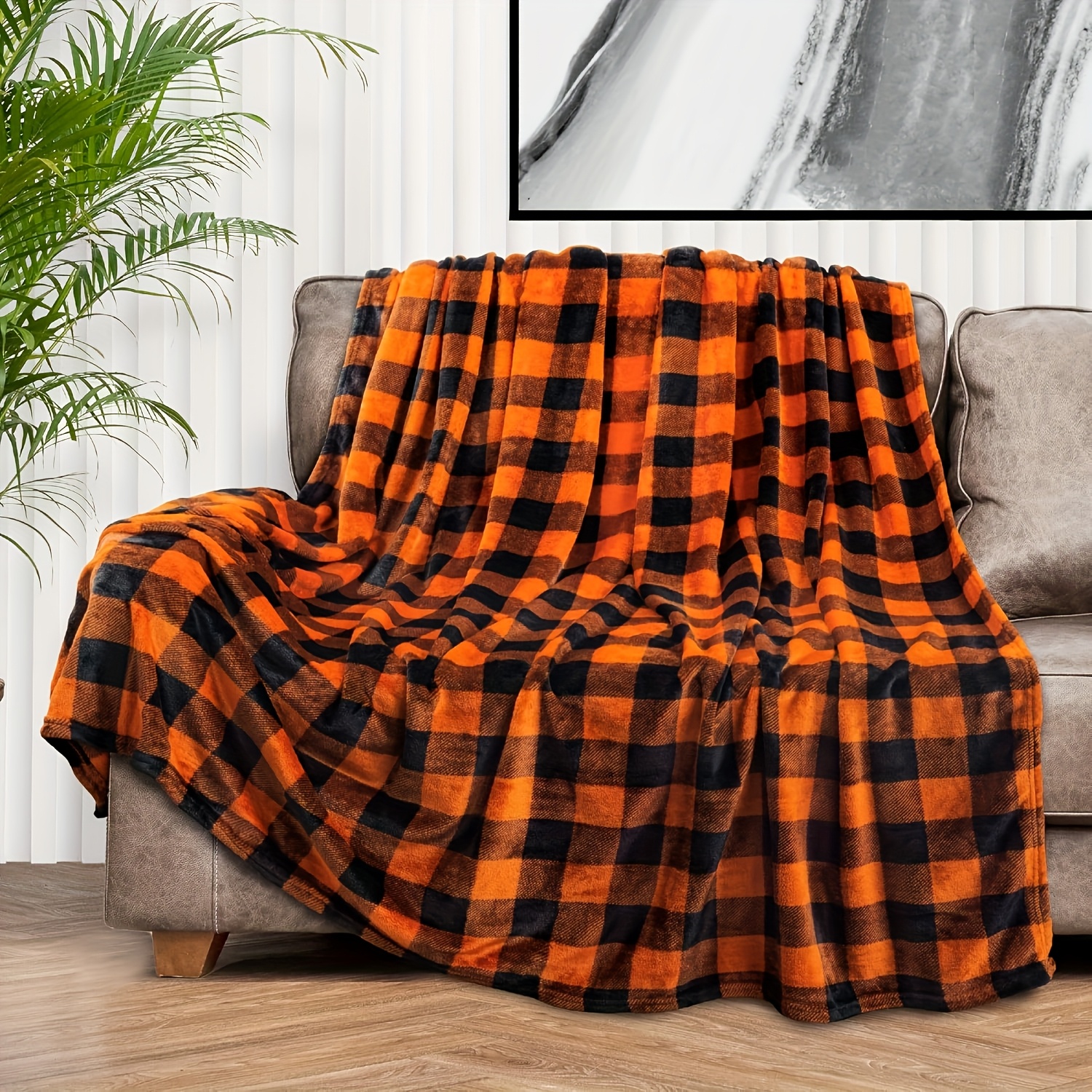TEMU 1pc, Black And Orange Buffalo Check Print Flannel Blanket, Soft And Comfortable, Durable And Stylish, Single-sided Print, Suitable For Bedroom,
