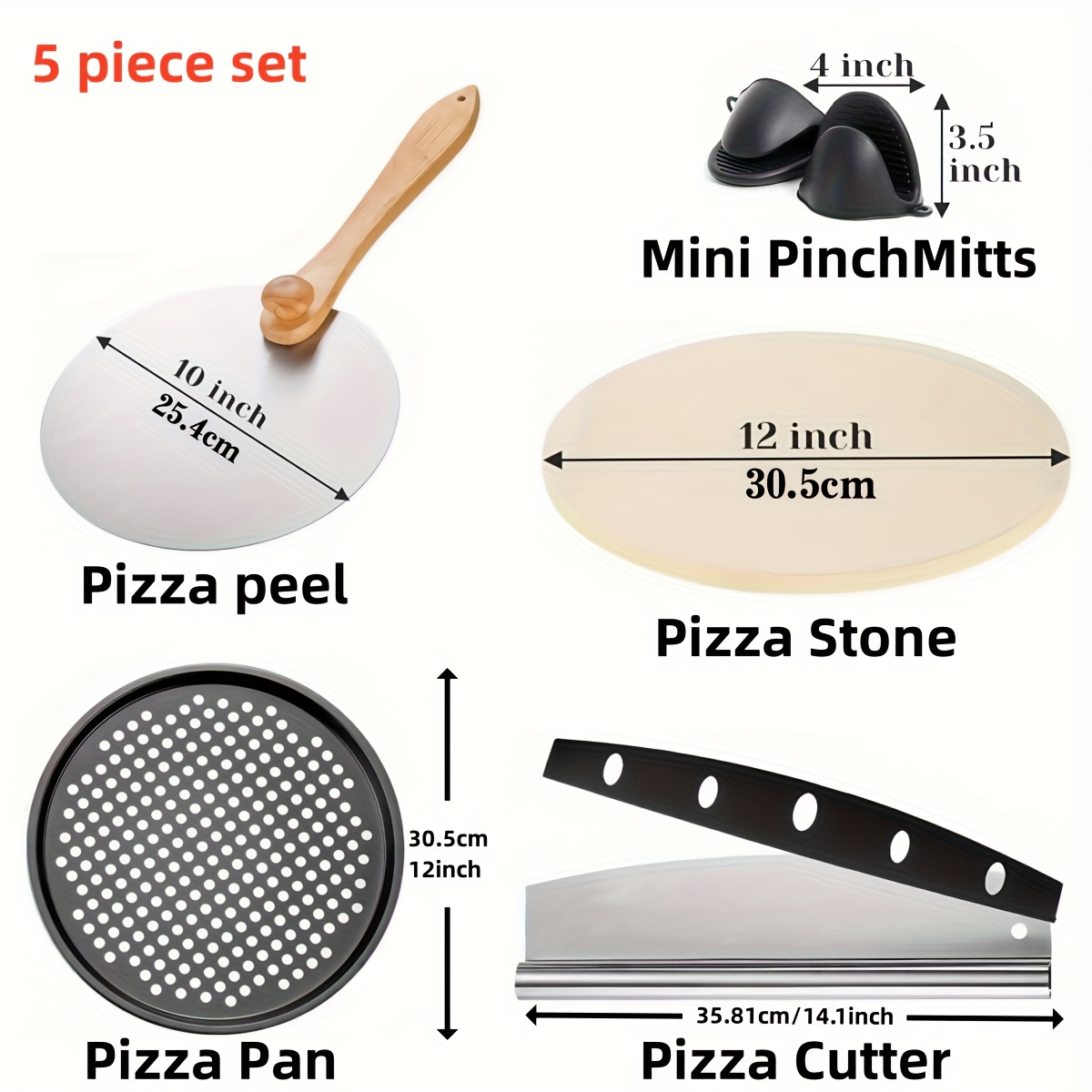 TEMU Pizza Slate Set, 5pcs Set, Including 12 Inch Round Pizza Stone, Pizza Knife, Pizza Shovel, Pizza Tray And Mini Oven Gloves, Suitable For Ovens