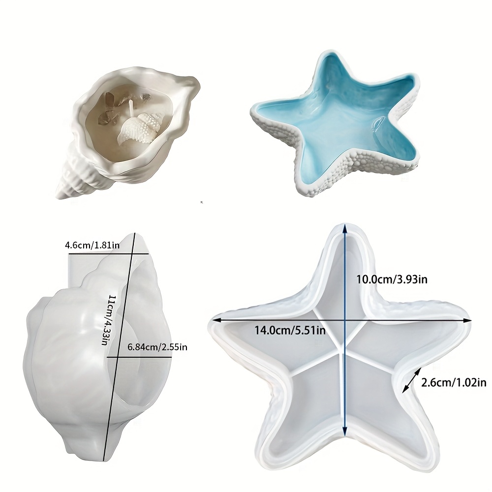 E-shop Set mit zwei Silikonformen zur Herstellung von Aufbewahrungsschüsseln in Form von Seesternen und Muscheln, ideal für den Einsatz mit Beton,
