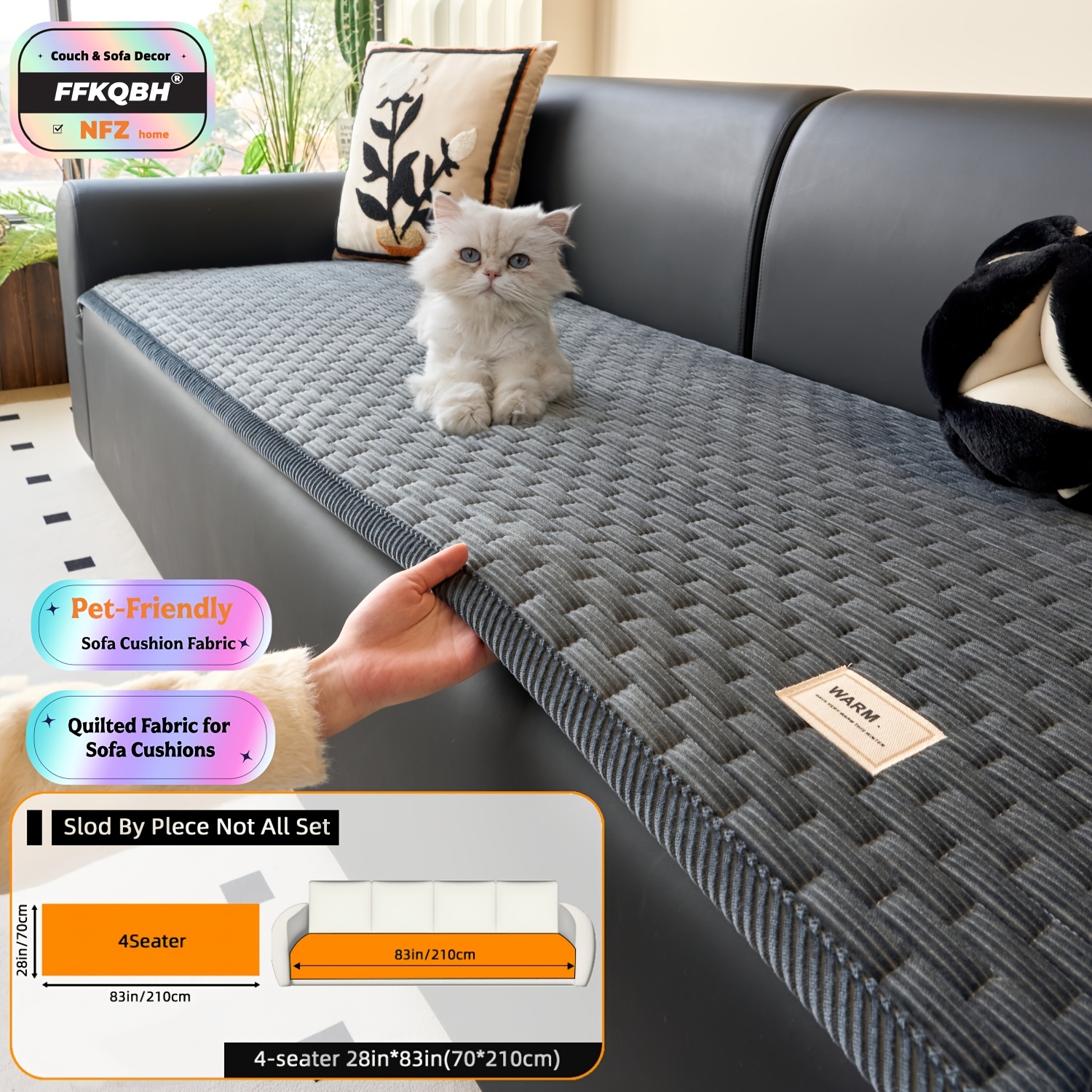 TEMU 1pc Striped Rectangular Anti-slip Sofa Cushion, All Season Universal, Pet Friendly, Machine Washable, Fit, , Tear Resistant, Quilted Craft,