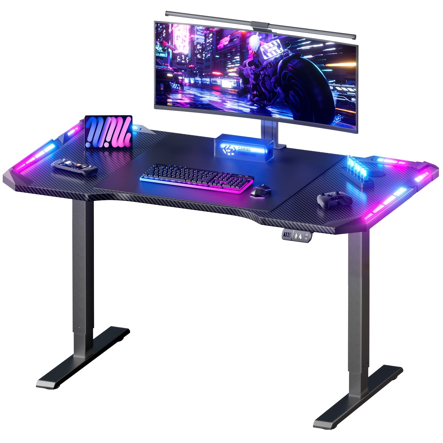 Image of Gaming Standing Desk With Led Lights, 120/140/160cm Electric Height Adjustable Table With Headphone Hook, Ergonomic Computer Table With Headphone Hook For Home Office