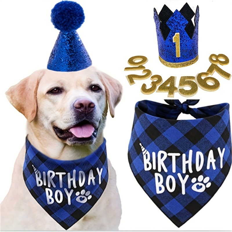 

Adjustable Birthday Dog Bandana Set With Crown & Numbers - Woven Polyester Scarf For Small, Medium, Large Breeds - Stylish Pullover/tether Neckwear - Washable Pet Accessories For Celebrations