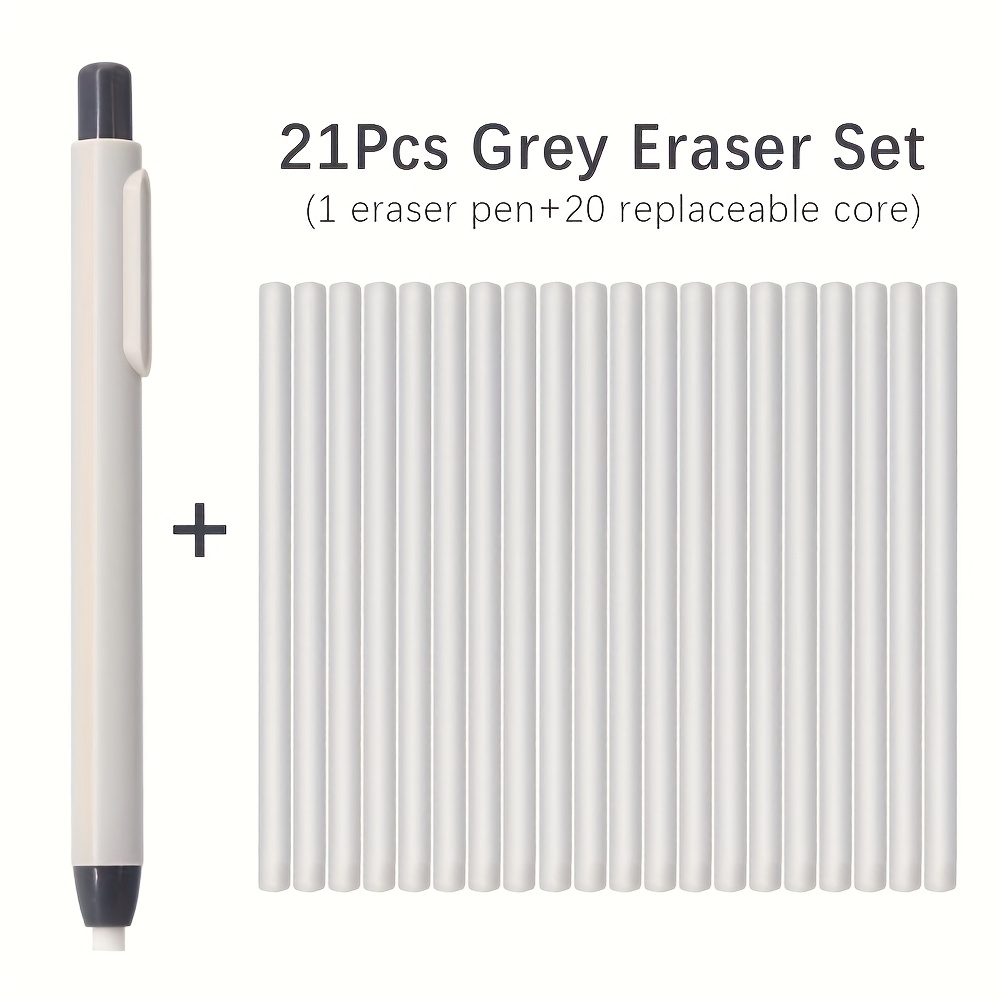 21pcs/set Push-button Eraser With Replaceable Refills, Large Capacity Correction Tool For Art Pencils, Drawing, Writing, And Editing. Includes 1 Eraser Pen And 20 Replaceable Refill Set