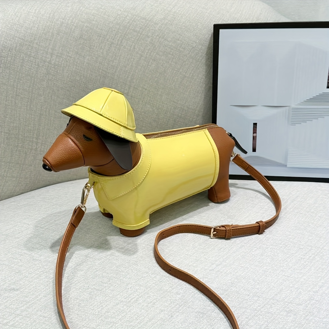 Bolso bandolera para mujer con diseño de perro salchicha Lindo salchicha  con chaqueta amarilla y collar correa ajustable, cierre de cremalle