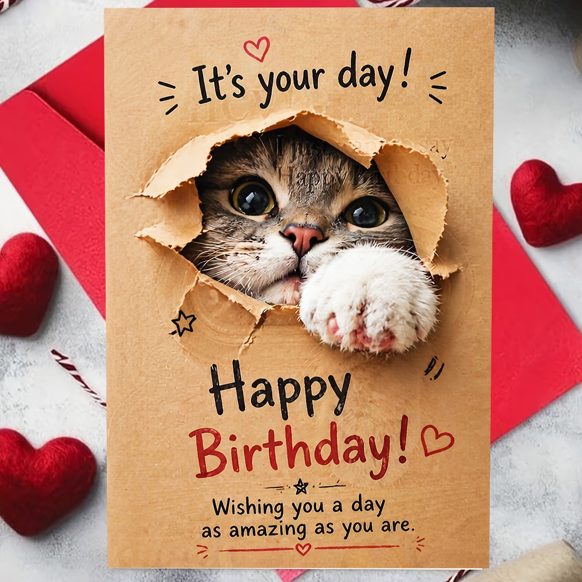 TEMU A Set Including An Envelope And A Greeting Card. Adorable Plush Cat Happy Birthday Card, With The Phrases "today To You" And "happy Birthday"