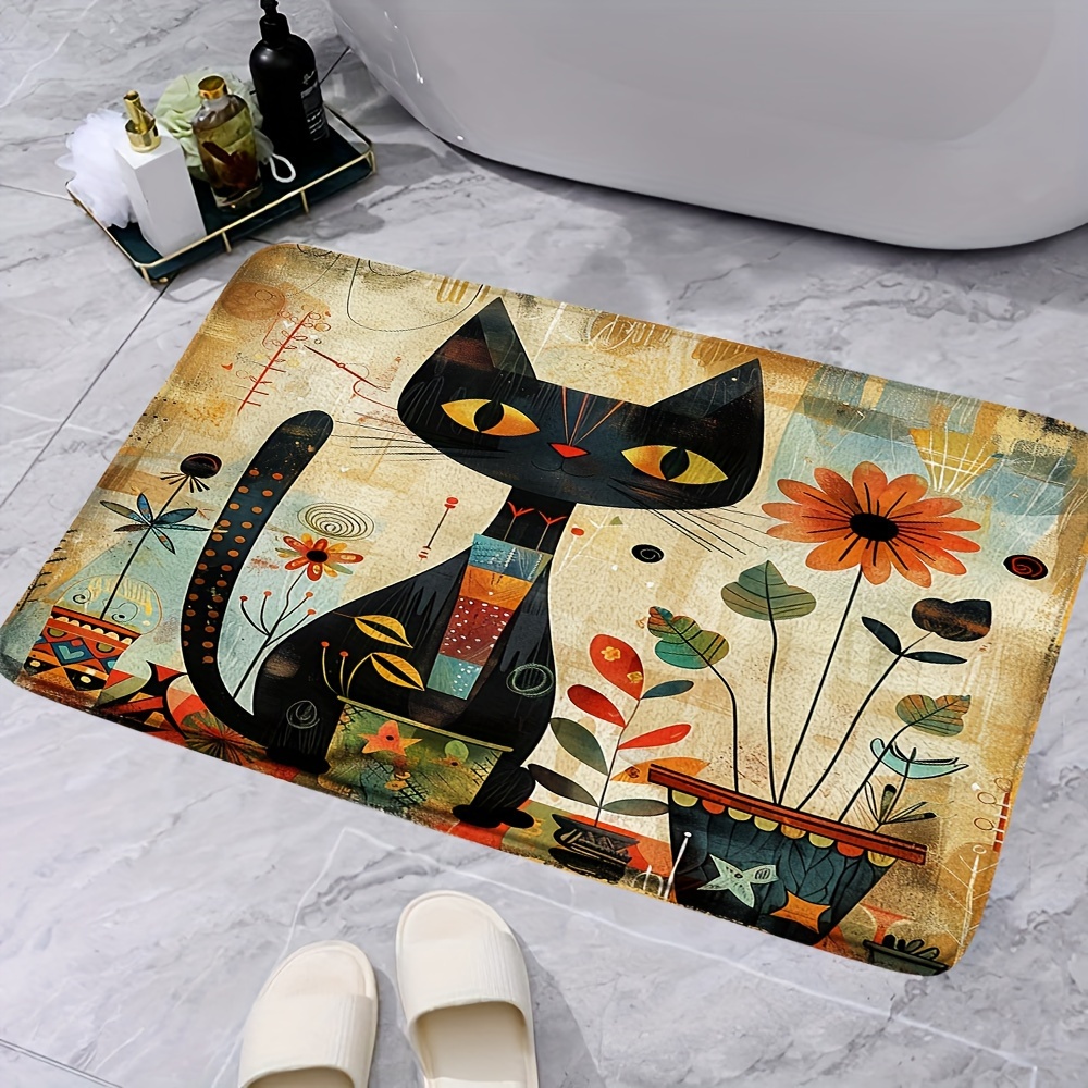 

Whimsical Cat & Floral Bathroom Mat, Soft Polyester, Non-slip Rubber Backing, Vintage Watercolor Cartoon Design, Ideal For Bathroom Decor, 1pc
