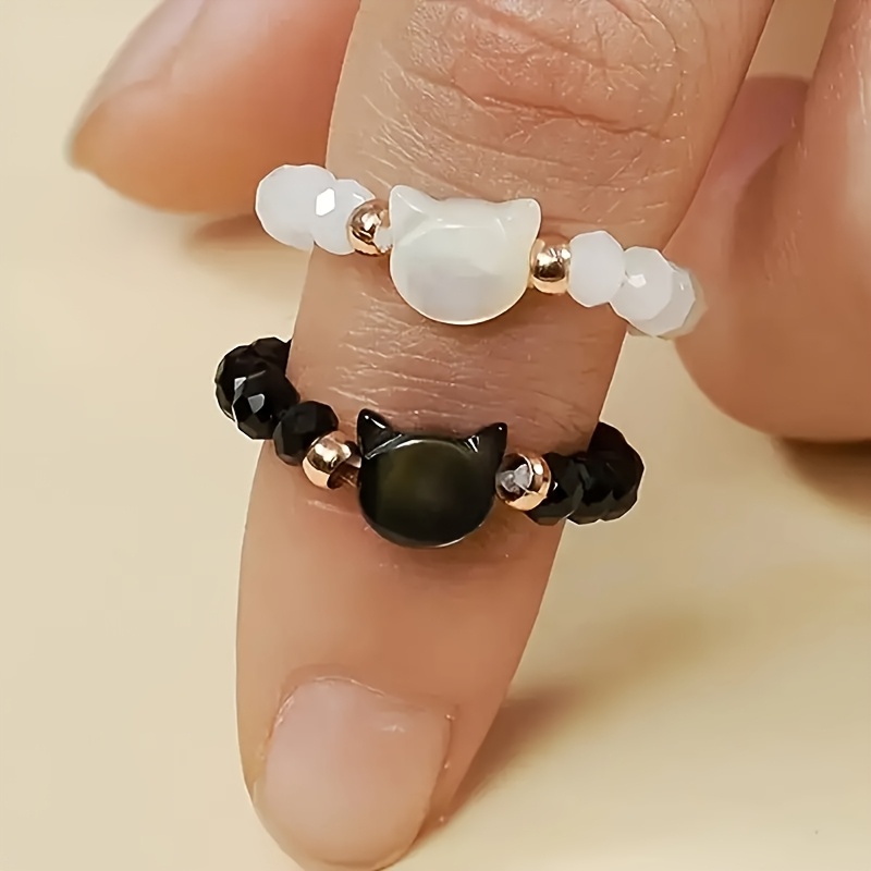 Cat-themed Beaded Ring Set For Couples - 2pcs, Black & White, Perfect Valentine's Day Gift, Lovers, Suitable For Wearing