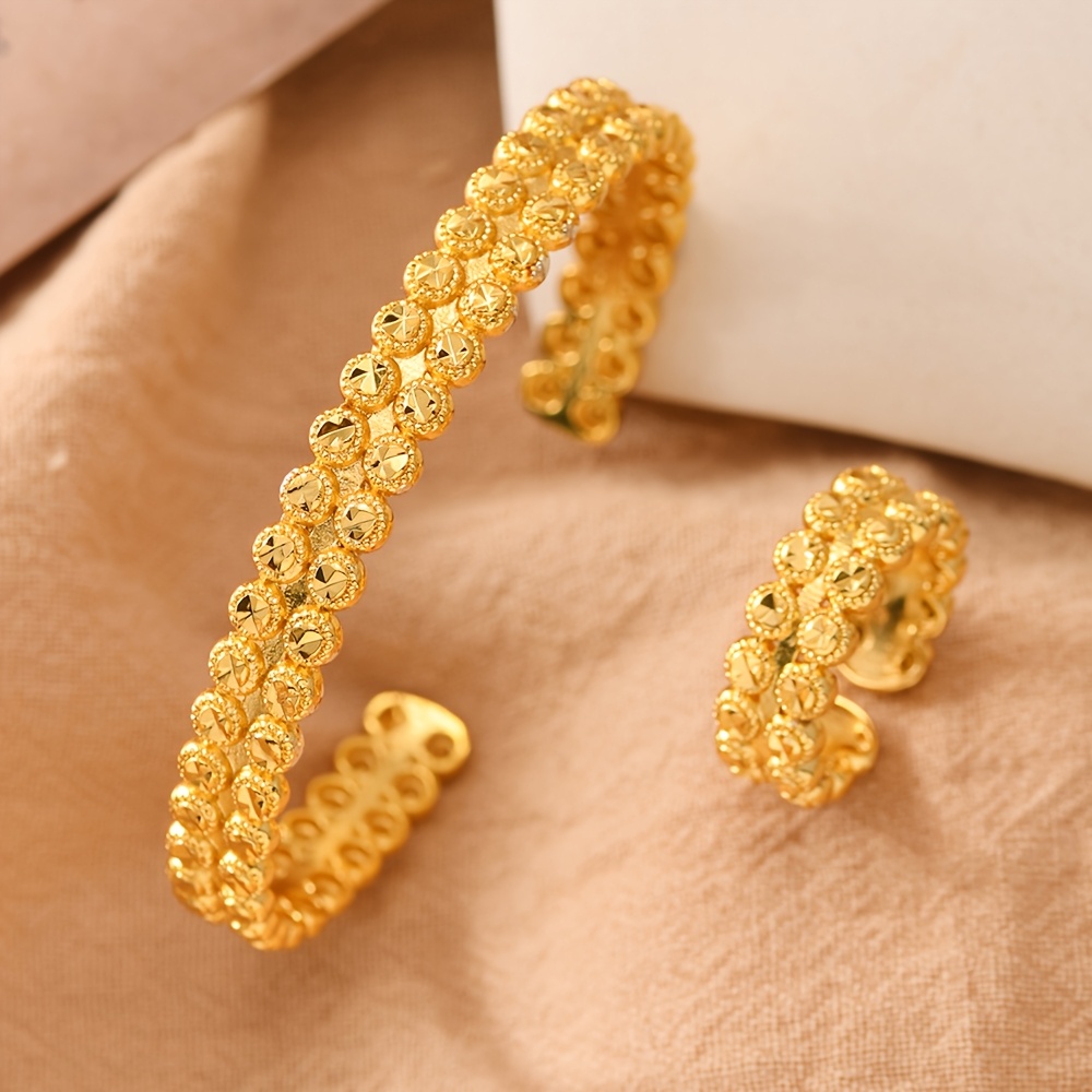 2pcs Ramadan Arabic Style Copper Golden Plated Yellow Double Layer Women's Bangle Ring Set, Suitable For Gift , Wedding Dress Matching