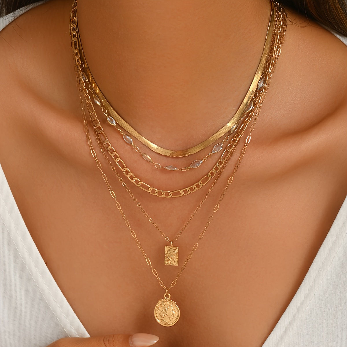 TEMU Women's 5-layer Golden Necklace Set, Bohemian Style Layered Coin Pendant Necklace, Snake Chain, Paperclip Chain, Transparent Beads, Golden Alloy