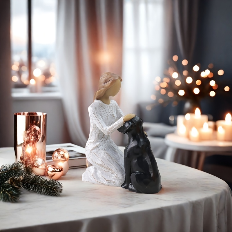 TEMU Girl With Dog Figurines. Home Valentine's Day Decorations. Family And Dog Friendship Souvenir Gift, Hand-painted Figures Carved For Dog Lovers.