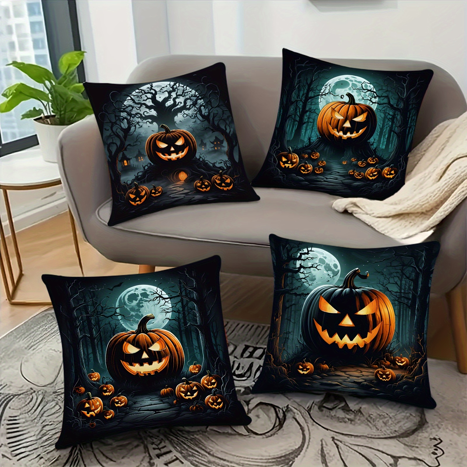 

Throw Pillow Covers 4pcs, Style Microfiber Cushion Cases With Zipper, Machine Washable, Single-sided Print, Forest Pumpkin And , Decorative For Home Sofa Bedroom, 18x18 Inches