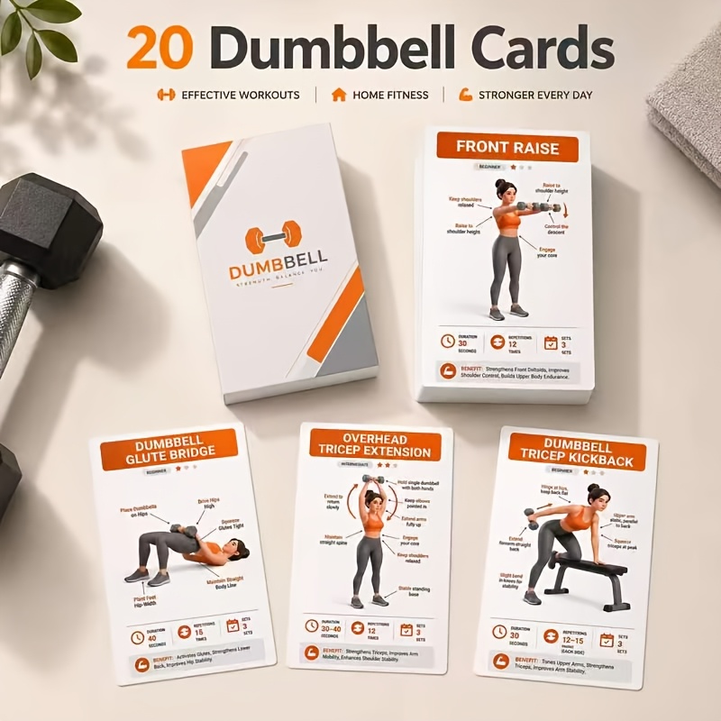TEMU 20 tarjetas de entrenamiento de mancuernas, esenciales para el fitness en casa - Guía de entrenamiento de cuerpo completo para brazos, hombros,