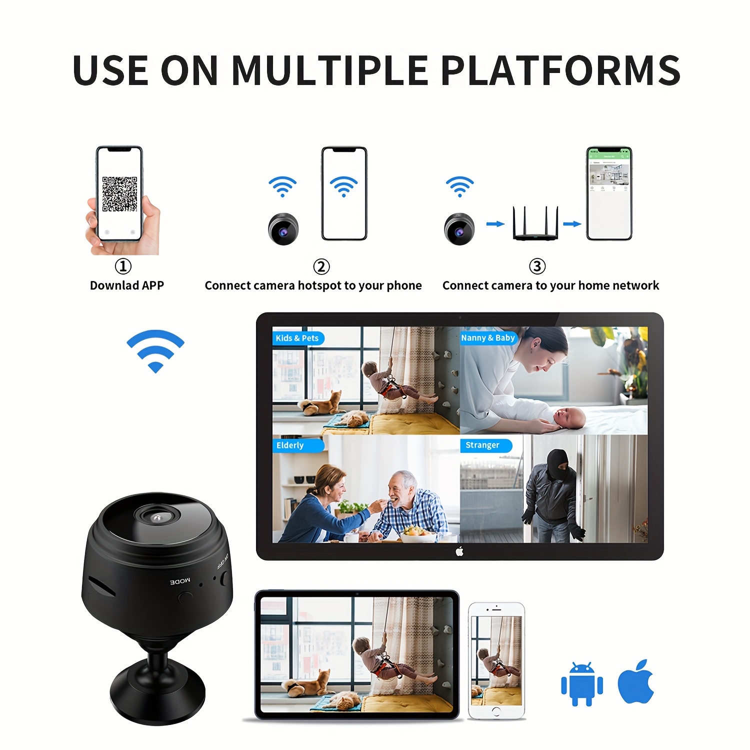 cámara de seguridad inalámbrica a9, 480p hd, para vigilancia interior con imán incorporado,   usb, batería recargable de polímero de litio, conexión wi-fi, instalación autoadhesiva, control por aplicación, alarma de audio, diseño portátil para vigilancia en el hogar, cámara de seguridad para el hogar | diseño elegante de cámara | instalación magnética, cámara de seguridad detalles 2