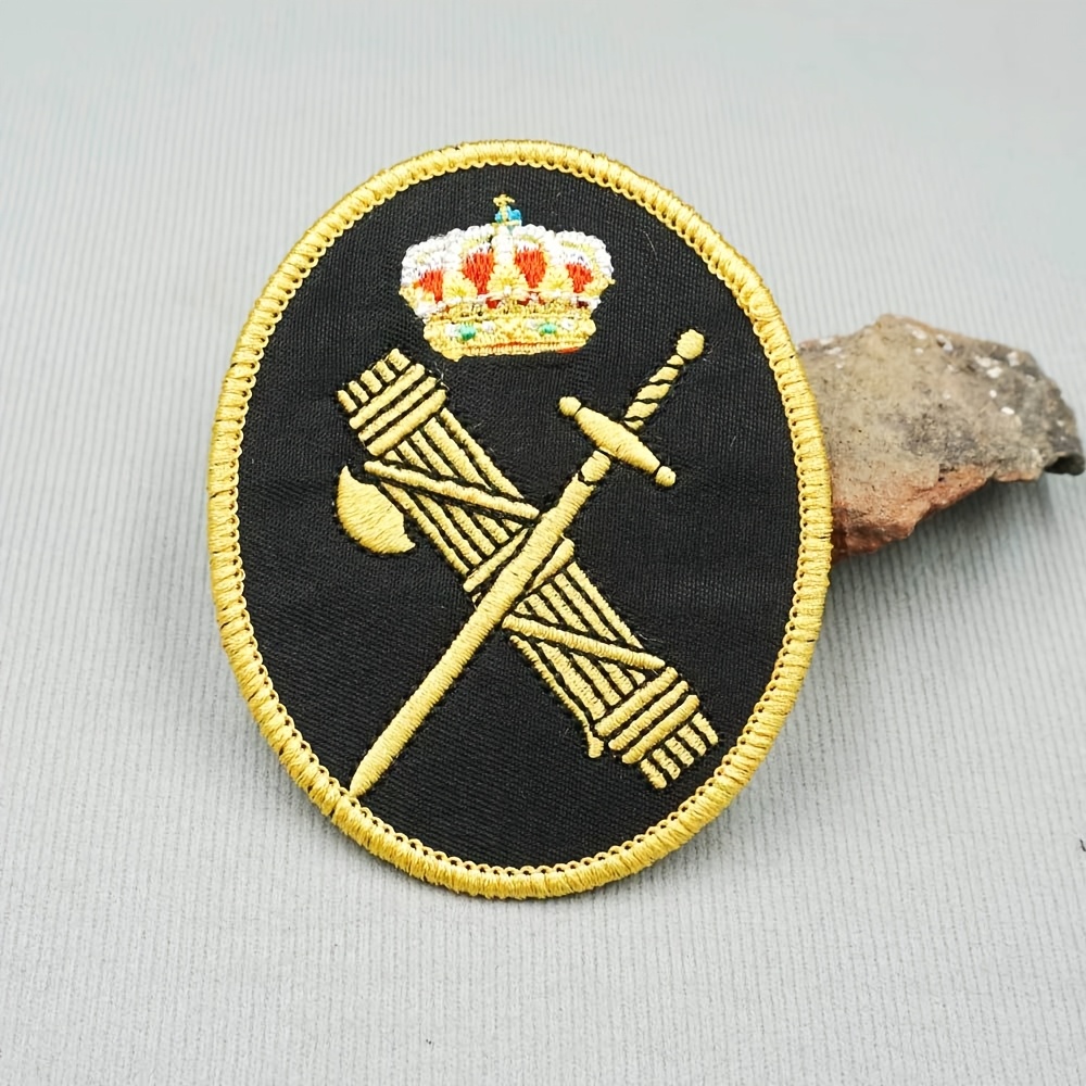 

1 Oval Spanish Tactical Embroidered Patch With Crown, Sword & Arrows Design - Hook Backing, Clothing, Backpacks, Hats - In Red, Yellow, Black