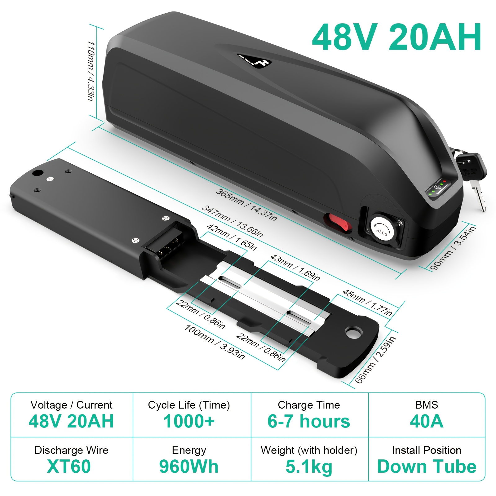 item picture 48v electric bicycle battery 20ah lithium   pack suitable for electric bicycles with power less than 1500w   with 3a fast charging function 30a battery   usb charging port and safety lock xt60 connector