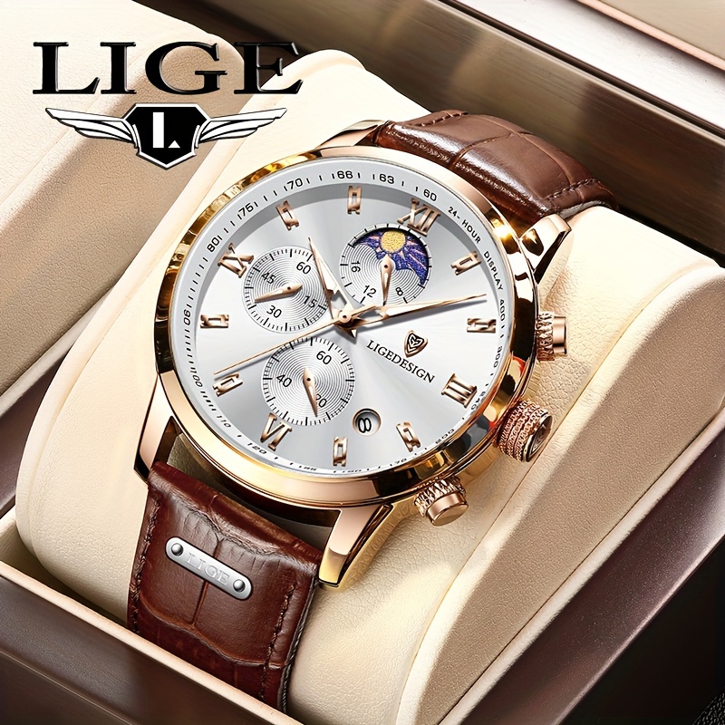 

Lige Round Quartz Watch Pu Leather Strap Zinc Alloy Pointer Zinc Alloy Case Outdoor Sports Waterproof Watches Christmas Gift For Women Men