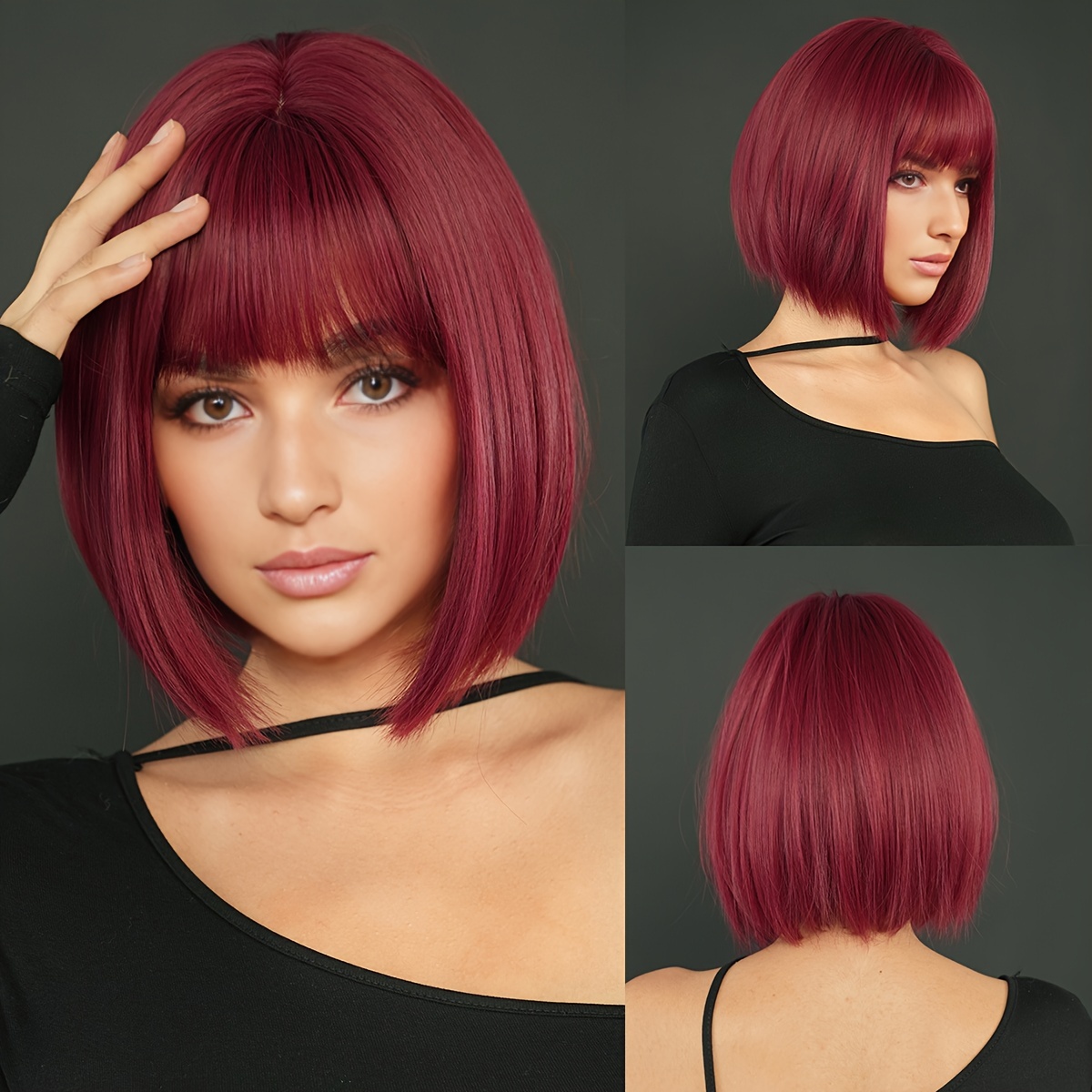 Costume Wig Straight Wine Red Bob Wigs With High Density Synthetic Wig With Bangs For Women Beginner Friendly