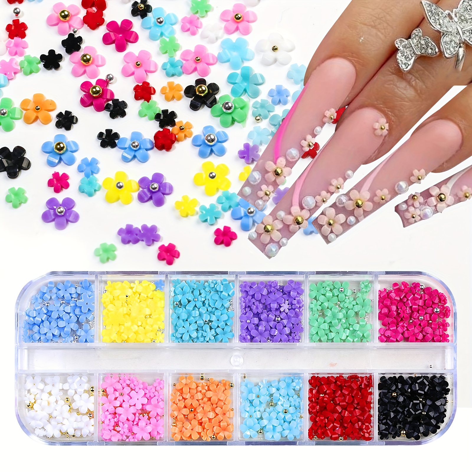 

12 Grids 3d Acrylic Flower Nail Art Charms For Nail Art Decoration Mixed Steel Beads Gems Charms Kawaii Nail Supplies For Accessories