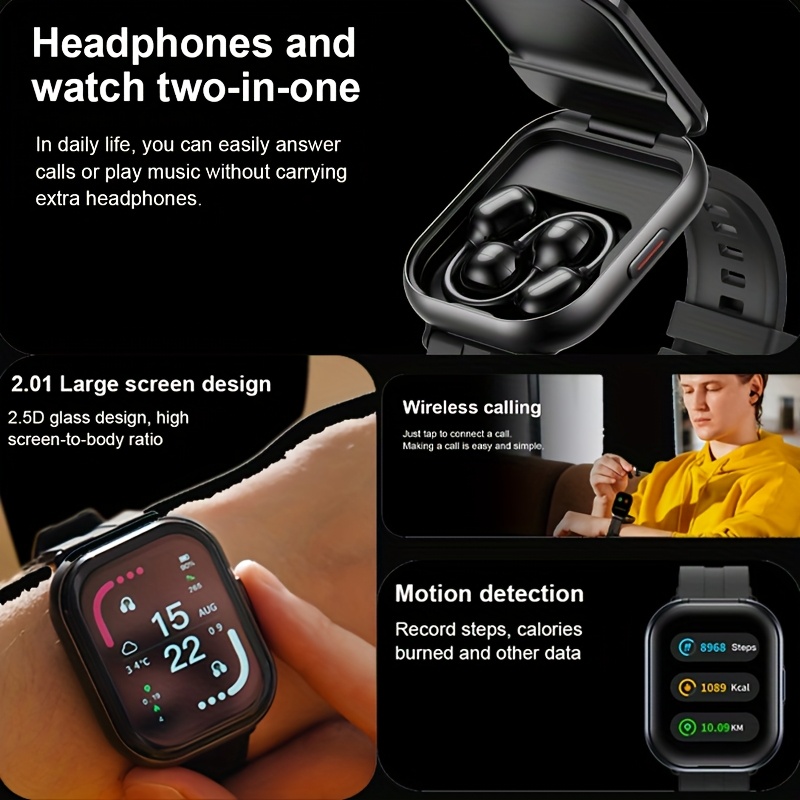 AI Voice Assistant High-Definition Touch Screen - Clip-On 2-in-1 Wireless Earphones Smartwatch, Multifunctional Smart Watch, Sedentary Reminder/Music Control
