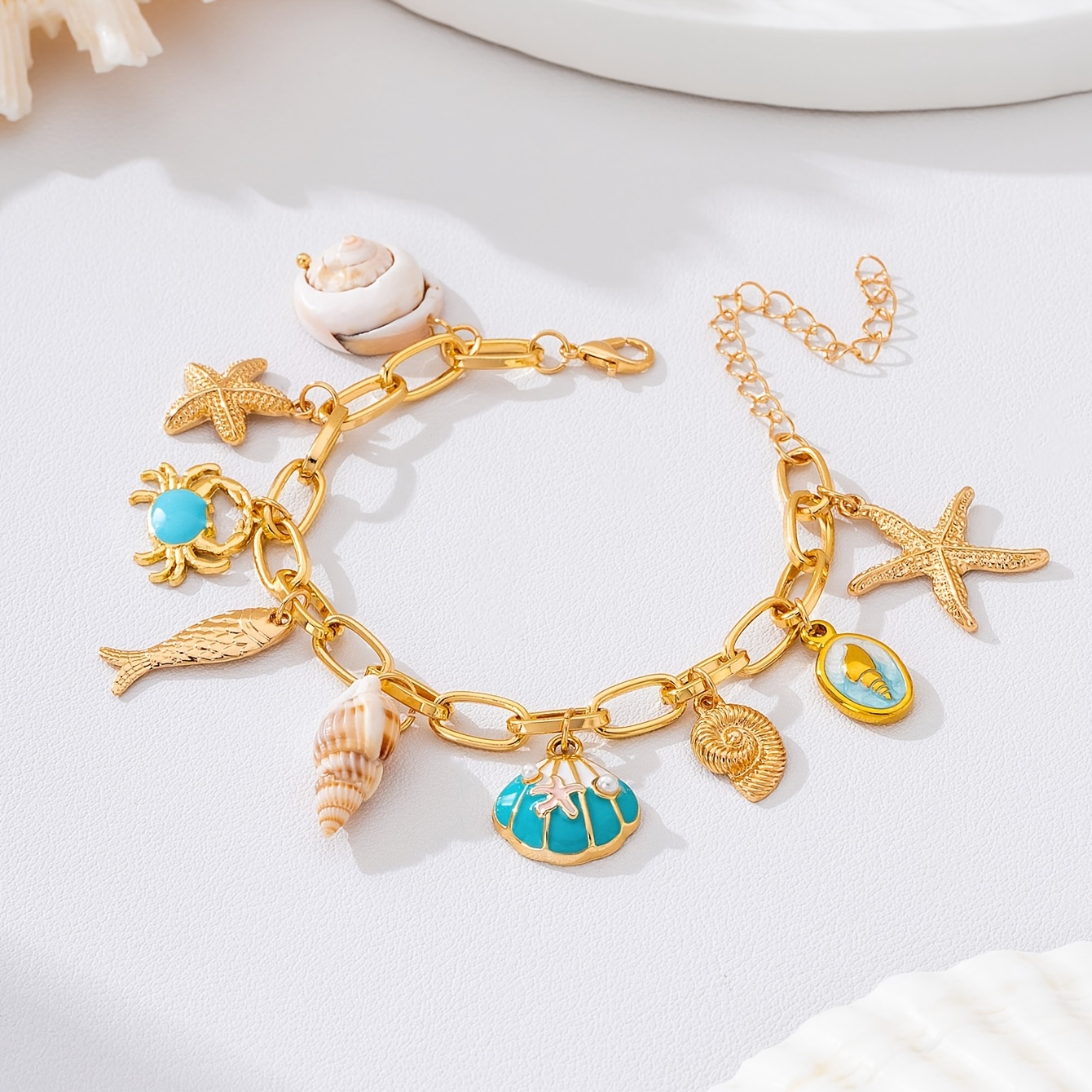 TEMU 1pc Stylish And Elegant Beach Conch And Starfish Enamel Alloy Pendant Bracelet, Suitable For Women's Vacation, Beach, Gifting, And Daily Wear