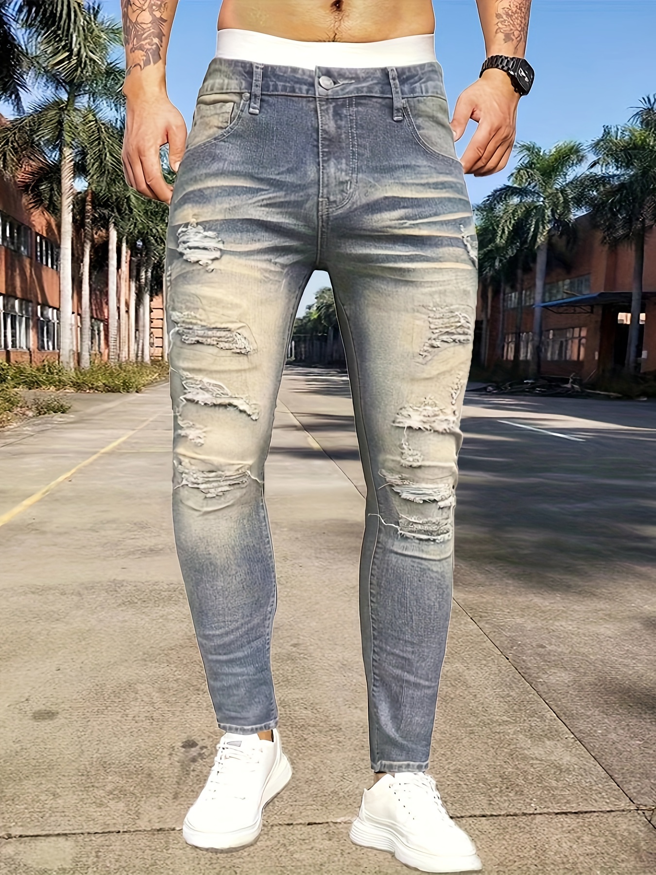 Vaqueros Pitillo Rasgados Informales Hombre Pantalones - Temu