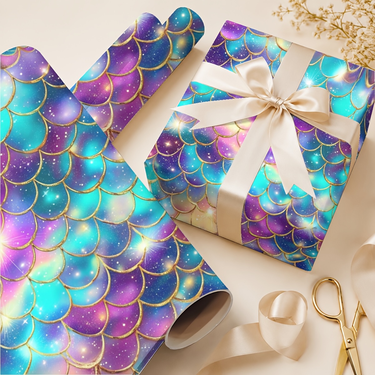 TEMU Rouleau de extra long 19.69In X 118.11In, motif écailles de sirène galaxie, papier d'emballage pour anniversaires, mariages, Saint-Valentin et