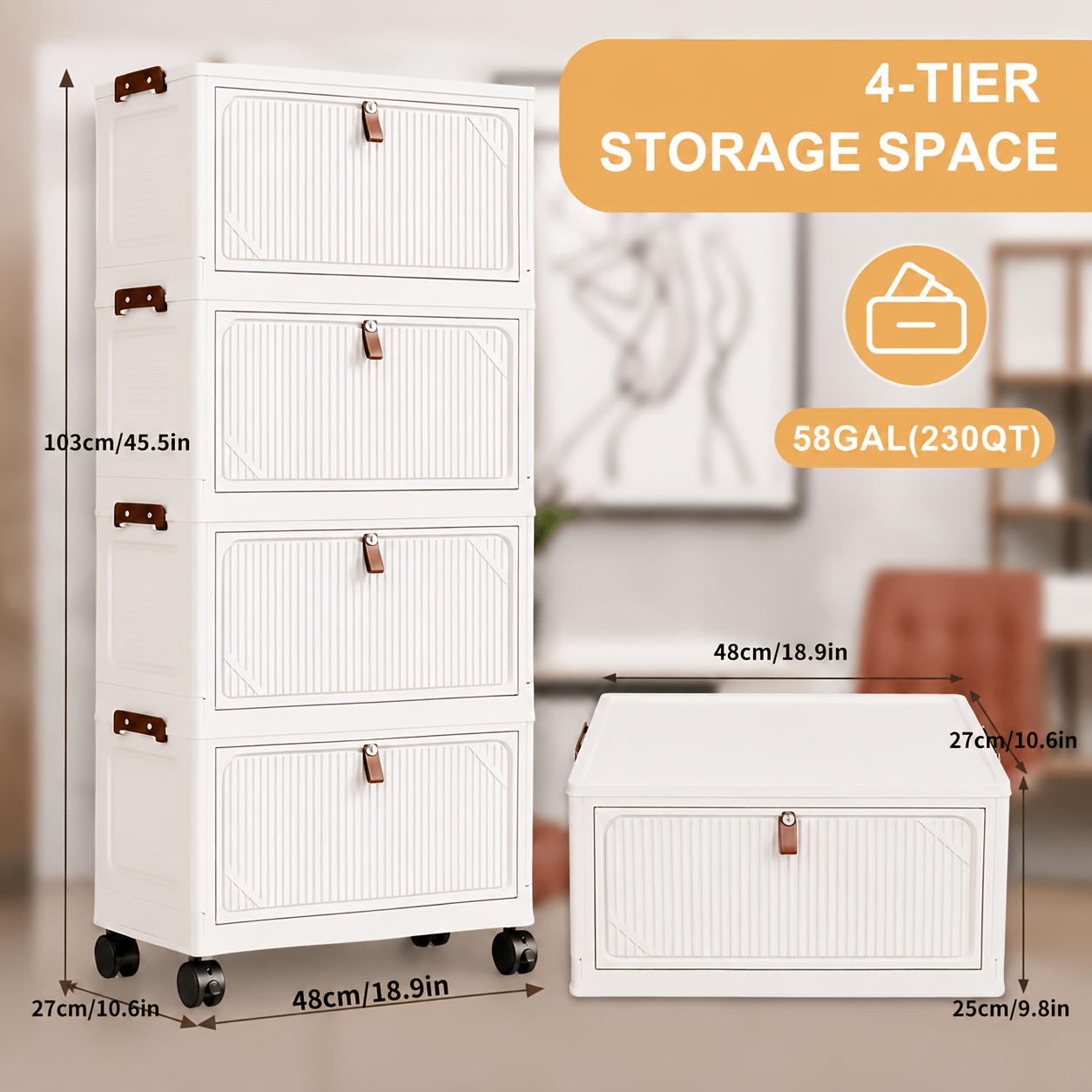 TEMU 48cm Foldable Storage Box, Large Opening Storage Box, Large Storage Box With Lid And Wheels, Can Store Clothes, Snacks, And Books, Home Office