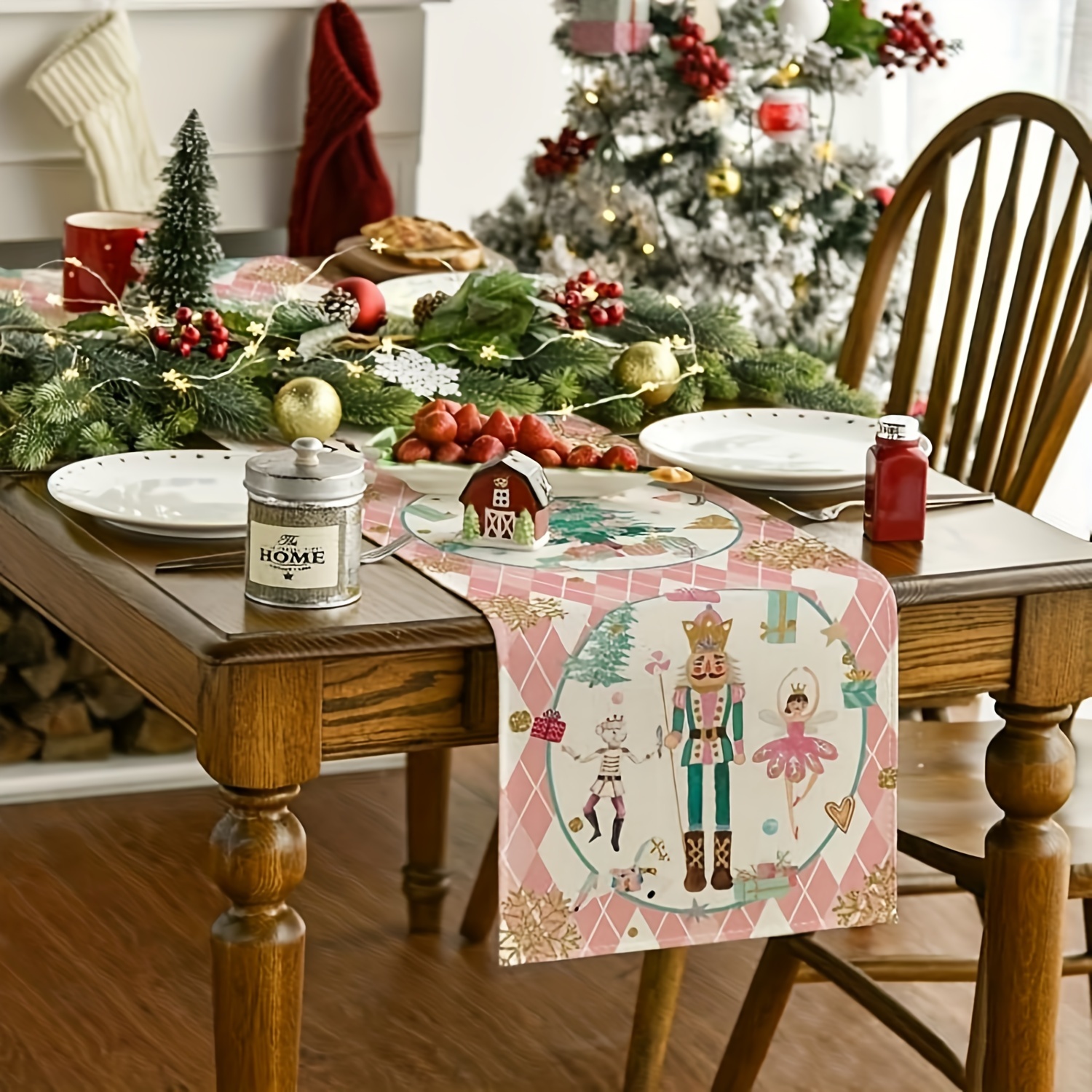 TEMU 1pc Christmas Table Runner With Nutcracker & Snowflake Design, Rectangular Woven Polyester Flower Pattern, Holiday Seasonal Kitchen Dining Table Decor For Home & Parties