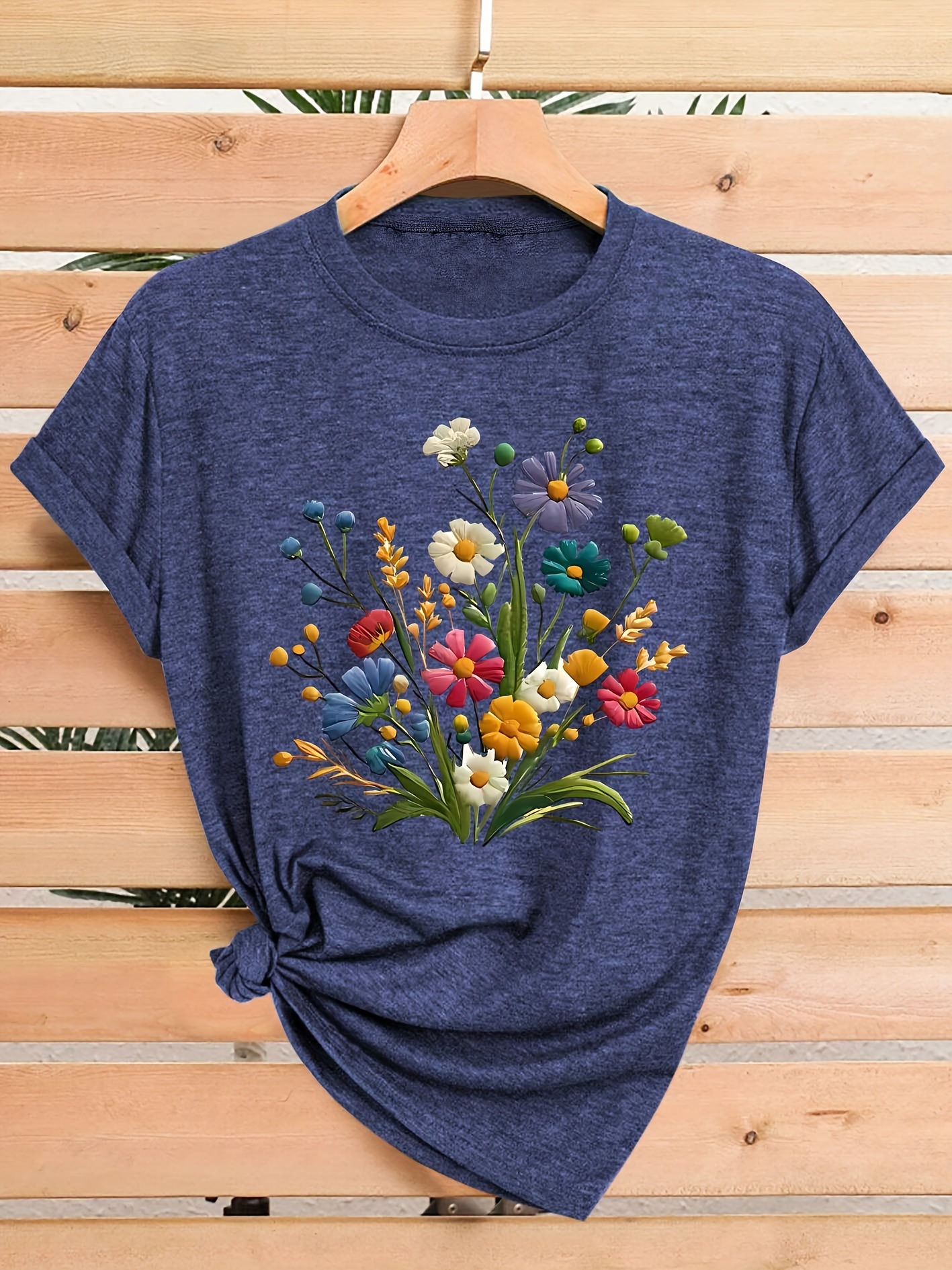 womens floral print t shirt casual crew neck short sleeve top medium stretch fabric vintage style with colorful   sizes s xxl Product details 0