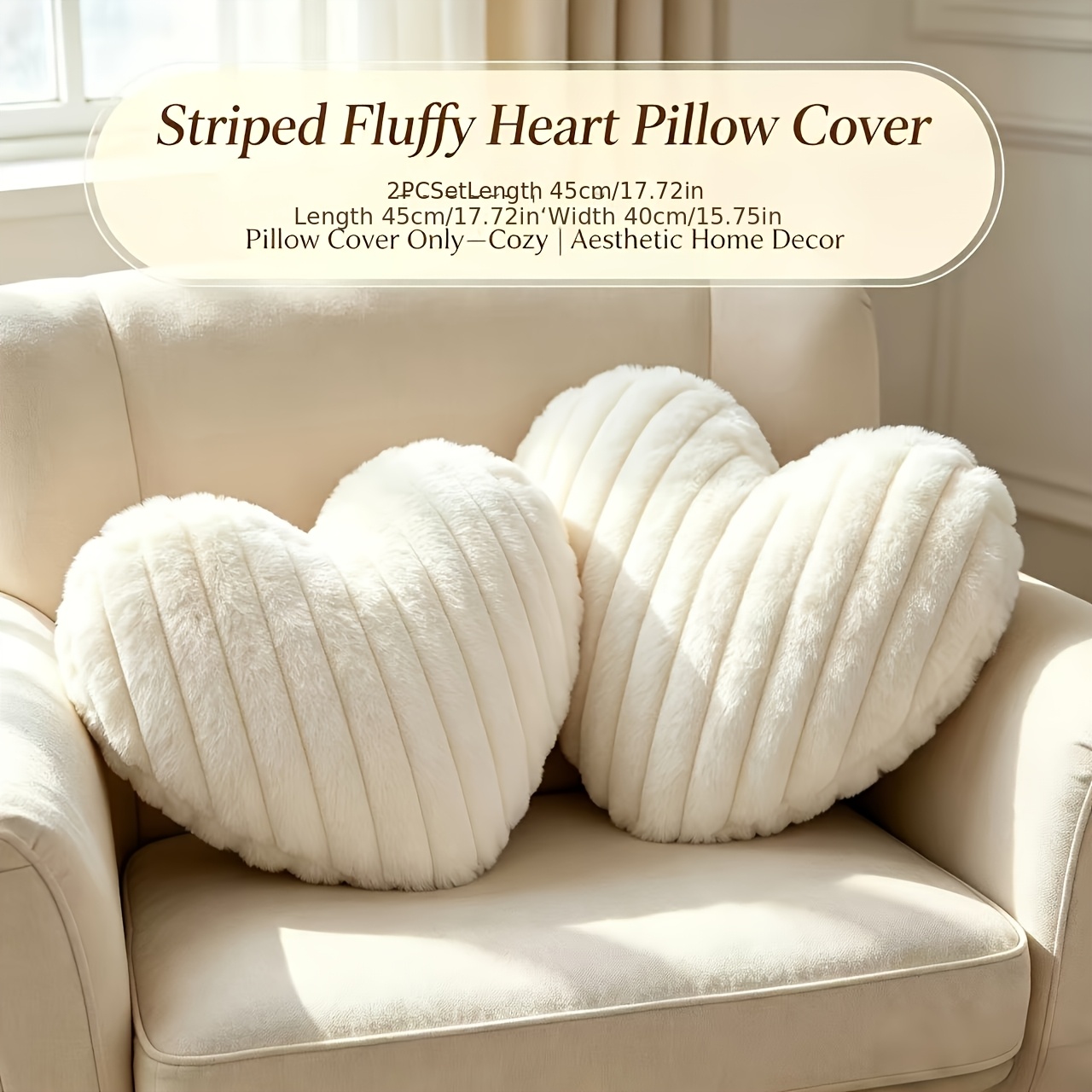 TEMU 2pcs Cream White Vertical Stripes Pillow Covers 45x40cm, Influencer Ins Heart-shaped Cushion Cover 2pcs Set, Cushion Cover