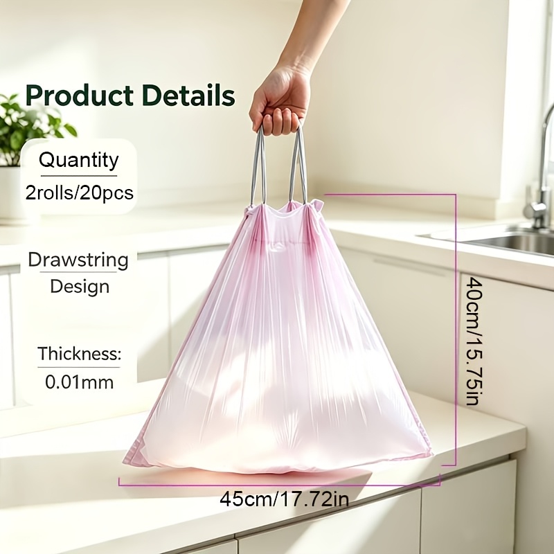 TEMU 2 Rolls/20pcs Drawstring Trash Bags, Pink With Handles, Universal Leak-proof Garbage Bags For Kitchen, Bedroom, And