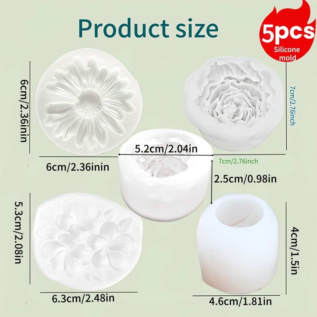 TEMU 5pcs Candle Silicone Mold Set | Rose, Chrysanthemum, Egg Flower, Peony Themed Round Flower Resin Crafts, Suitable For Birthday, Christmas,