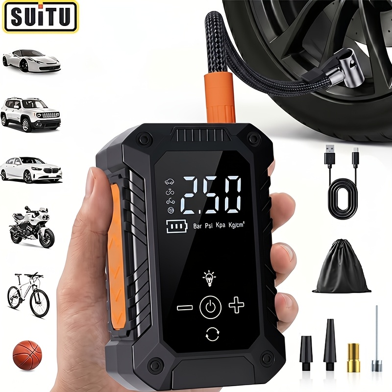 TEMU Suitu Portable Wireless Electric Air Compressor, Handheld Digital Display Car Tire Inflator. Equipped With Pressure Gauge For Accurate Readings
