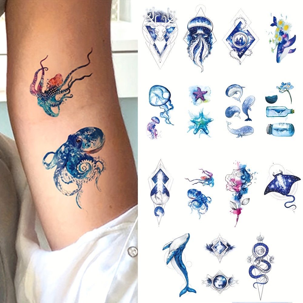 Tatuajes Temporales impermeables para niños, dibujos animados, delfines,  ballena, peces marinos, acuarela, tatuajes falsos, pegatinas desechables -  AliExpress