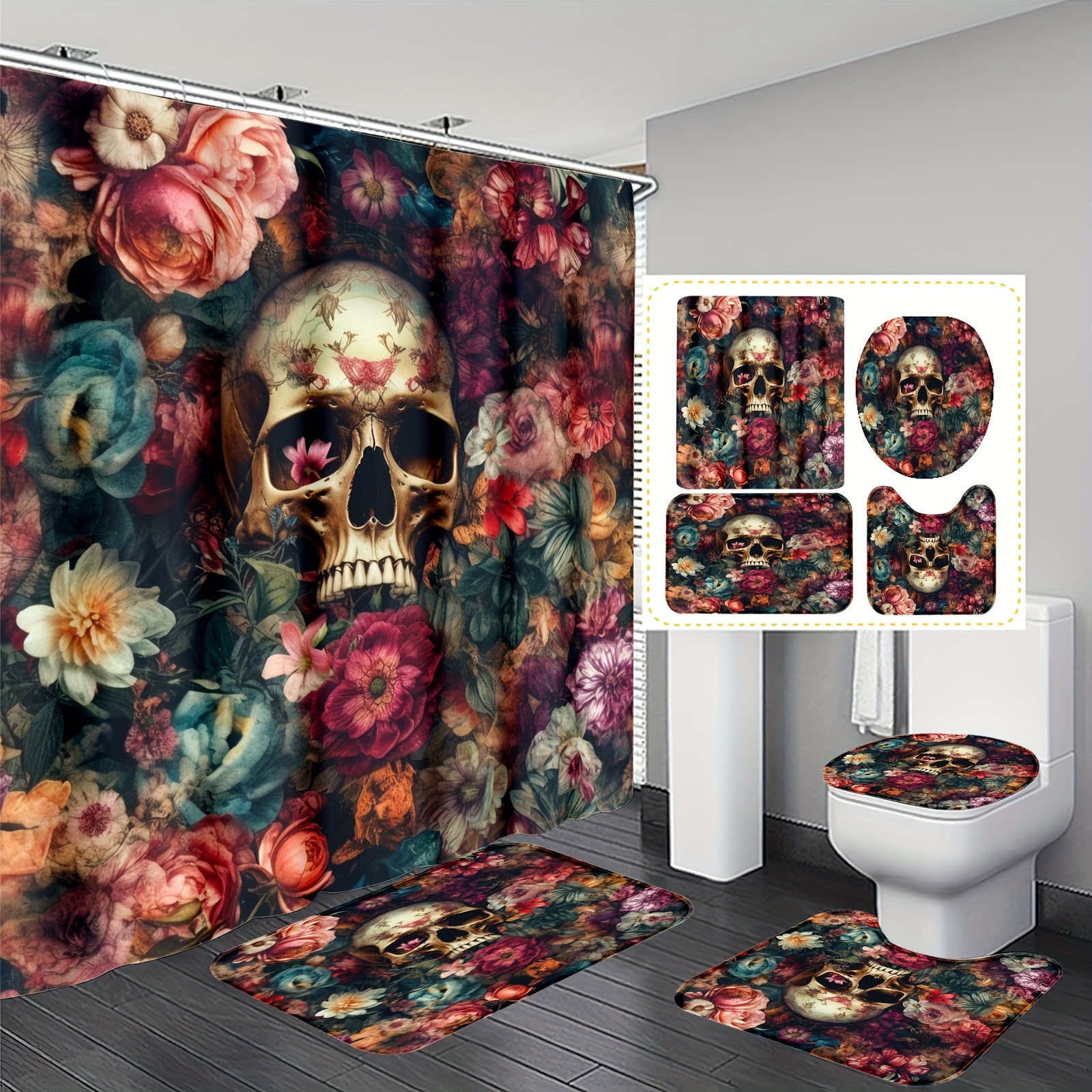 

1pc/4pc Halloween Polyester Waterproof Insulation Home Decor Bathroom Shower Curtain With 12 Hooks Bathroom Anti-slip Mat U-shaped Floor Mat And Round Toilet Seat Cover Mat Bathroom Set Full Scene Use