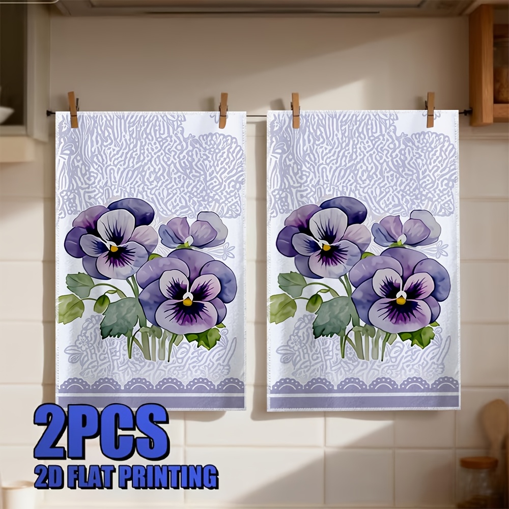 TEMU 2d Flat - 2pcs Watercolor Purple Pansy Floral Kitchen Dish Towels, Elegant Violet Flower 2d Flat Printing, Soft Super Absorbent Decorative Hand