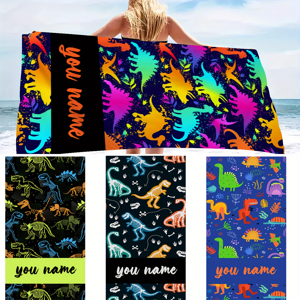 

1pc Colorful Dinosaur Beach Towel With Personalized Text, Quick-drying, Soft Microfiber, Essential For Camping, Beach, Swimming Pool, Beach Towels, Perfect Gift For Friends