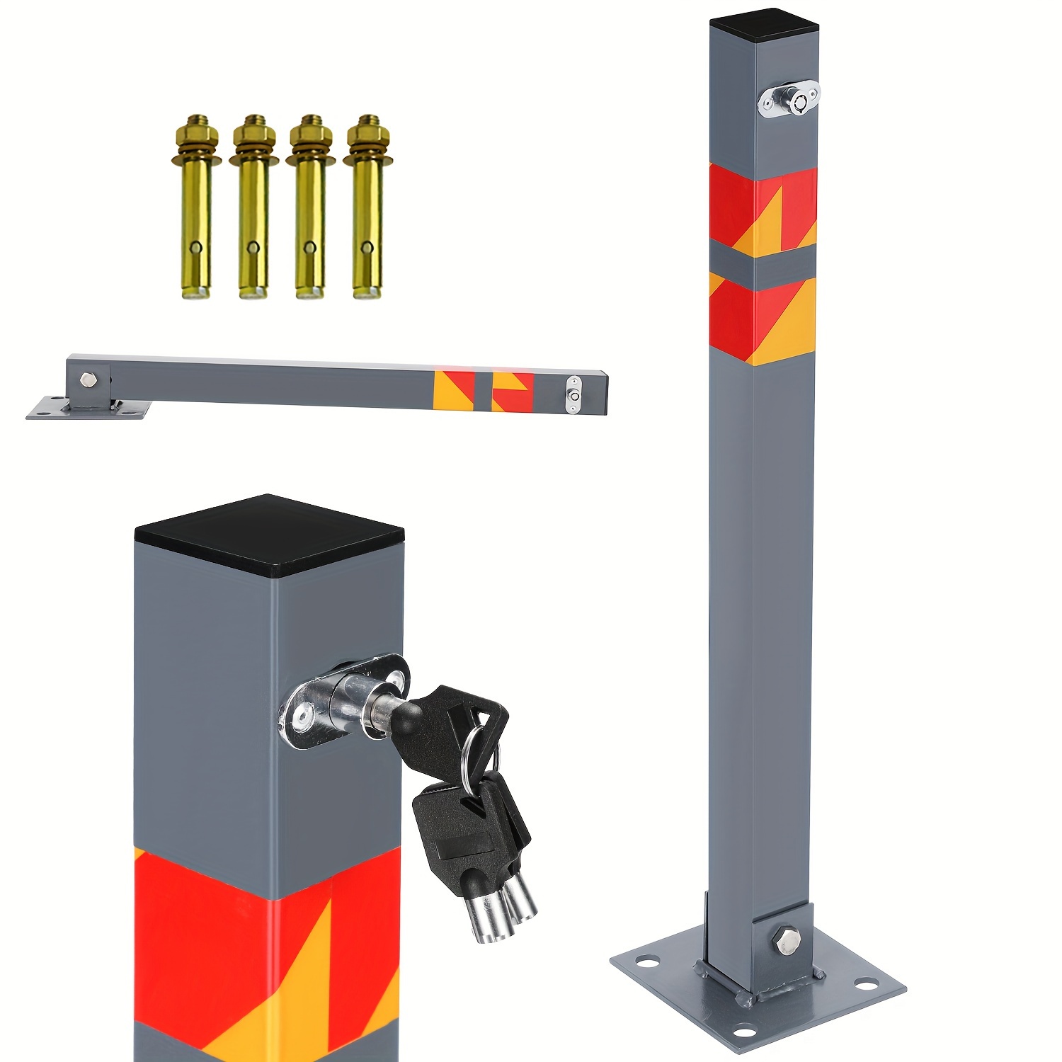 Reflective Metal Parking Barrier With 3 Keys – Adjustable Height, Square Base For Stability, Ideal For Closed Parking Lots And Driveways, Prevents Parking, At Night