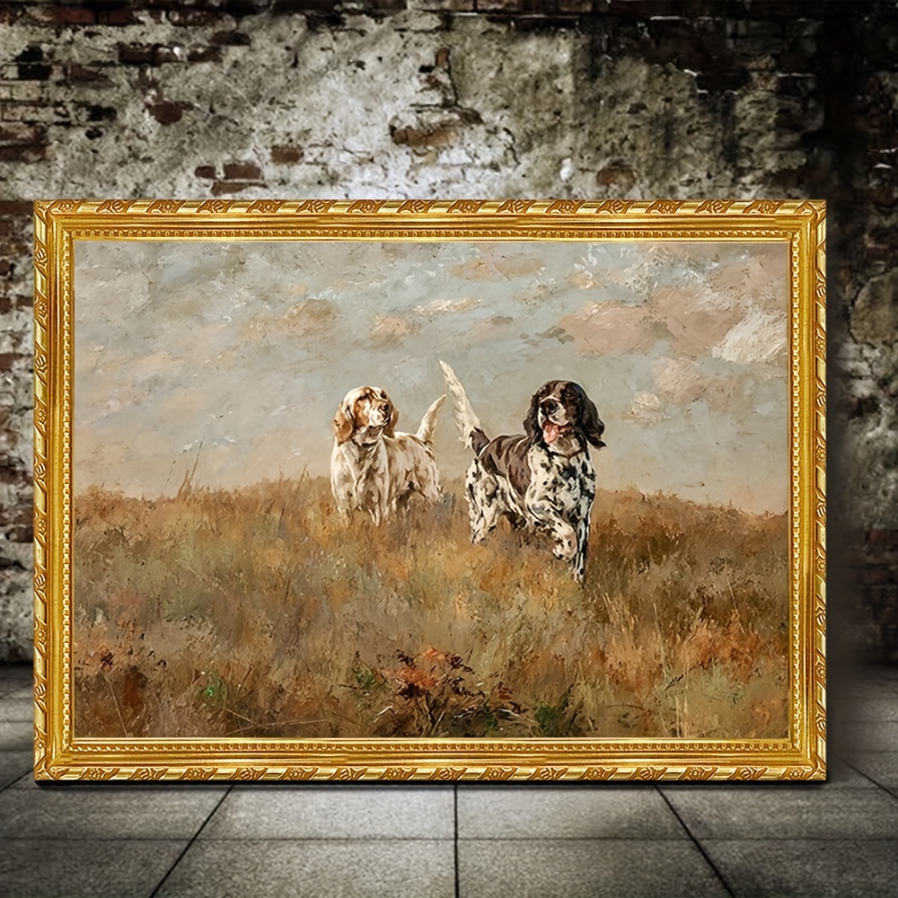 

Vintage Hunting Dogs Canvas Art Print Set, 1pc Framed Wall Decor, Ready To Hang Rustic Animal Painting For Living Room, Bedroom, Office - 11.8"x15.7" Major Material: Other