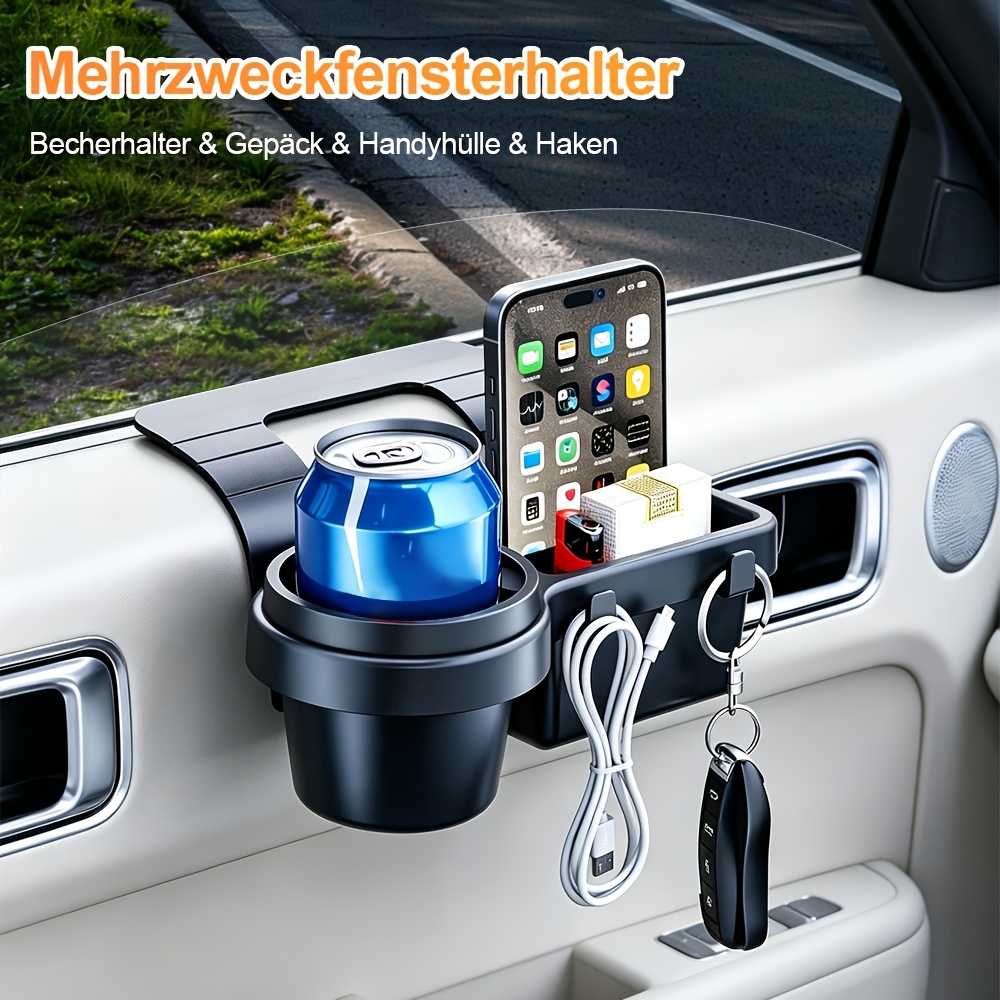 Multifunctional Car Window Storage Organizer, Car Door Mount Cup Holder With Storage Box & Hanging Hooks, Auto Interior Accessories For Water Bottle, Phone, Keys, Small Items